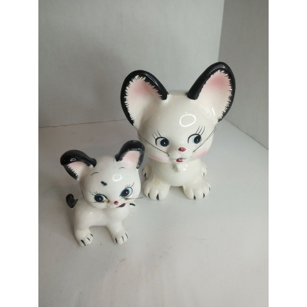 Vintage White Cat And Kitten Family Missing Chain Japan Big Eyed Kitschy
